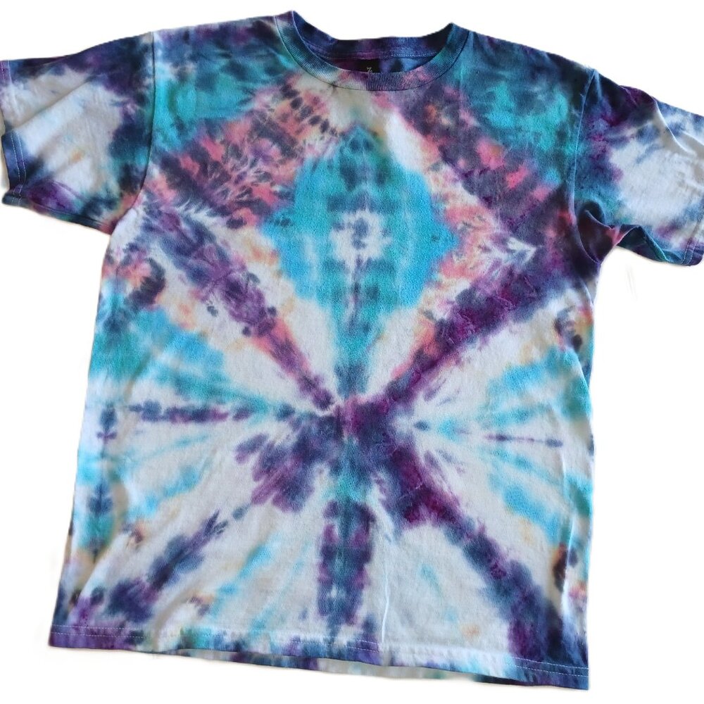 Tie Dye T-Shirt Off Center Diamond Pattern Blue Purple Orange Pink Kid's Large - Picture 11 of 16